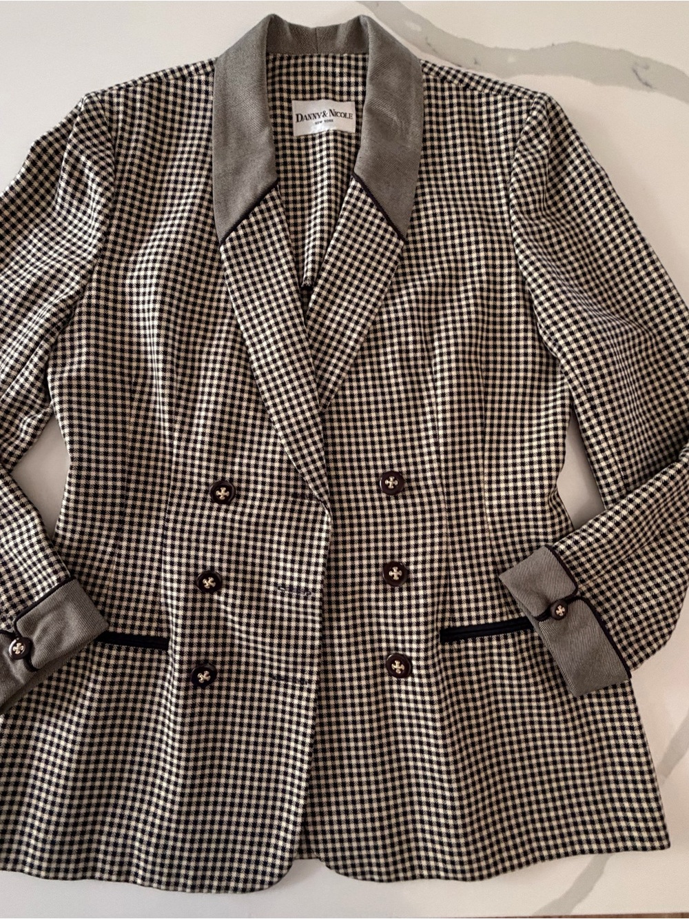Danny & Nicole Navy and Cream Gingham Double-Breasted Blazer with Navy Trim
